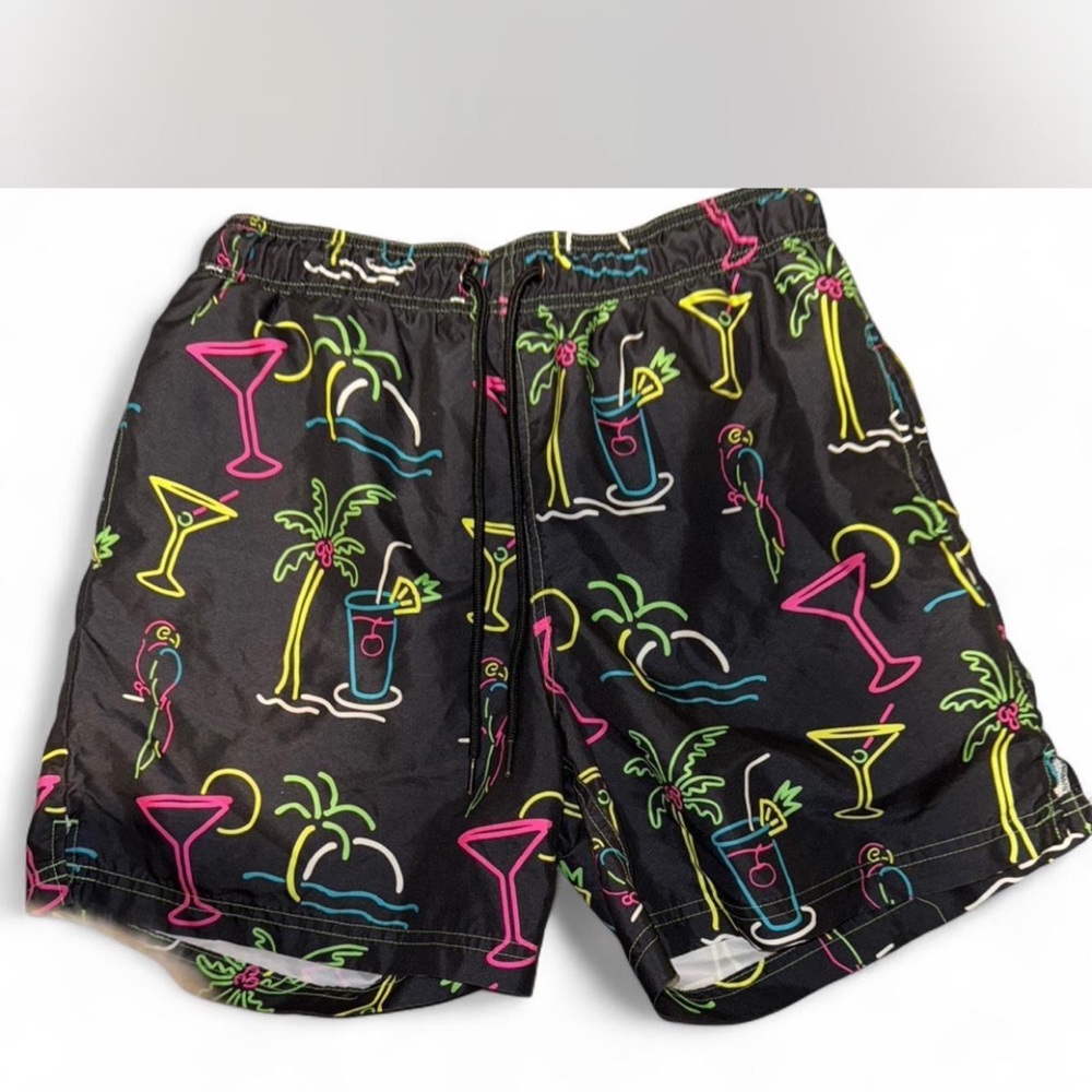 George Black and Pink Swim Trunks with Retro Tropical Design